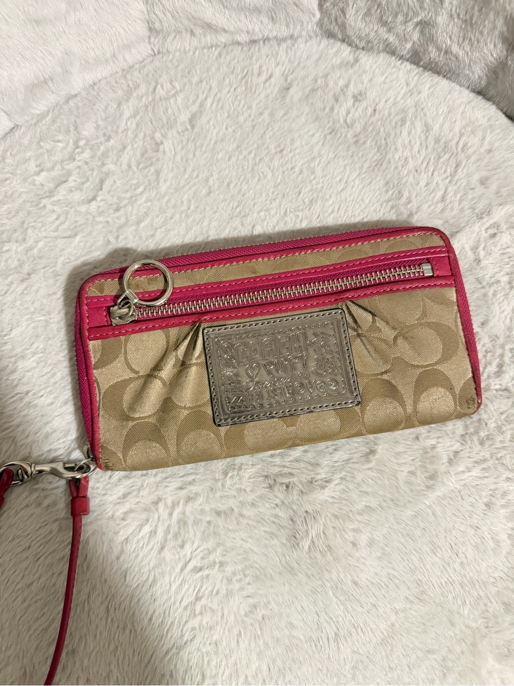 Coach Khaki Signature Canvas Wristlet with Pink Trim